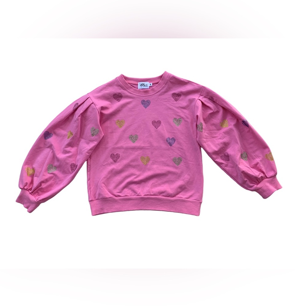 Lola + the Boys Size 10 Pink Sparkle Rhinestone Hearts Balloon Sleeve Sweatshirt